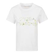 Logo Print Hvid Bomuld T-shirt med Blomsterbroderi