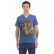 Blå Bomuld V-Hals T-Shirt med Frontprint