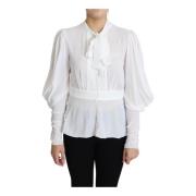 Elegant Hvid Bluse med Ascot Krave og Lanternærmer