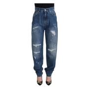 Blå Vasket Bomuld Tattered Denim Jeans