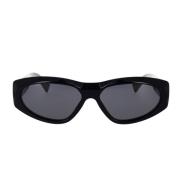 Solbriller med uregelmæssig form, sort stel og grå linser