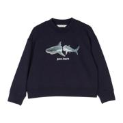 Blå Cropped Sweater med Haj Print