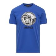 Blå Crew Neck T-shirt med Broderet Medusa Logo