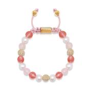 Women's Beaded Bracelet with Pearl, Rose Quartz, Cherry Quartz and Gold