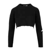 Sort Crop Sweatshirt med Slids og Logo Tag