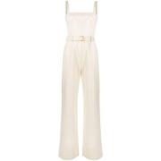 Beige Denim Jumpsuit med stropløs halsudskæring og bred ben