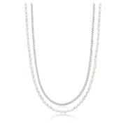 Silver Necklace Layer with 3mm Cuban Link Chain and Pearl Necklace
