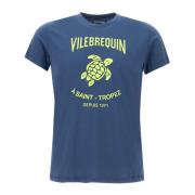 Blå Skildpadde Print Bomulds T-shirt