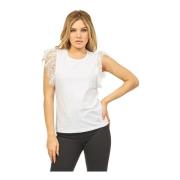 Hvid Bomuld Stretch T-shirt med Blonder Detaljer
