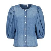 Denim Kravefri Bluse med Vintage Vask