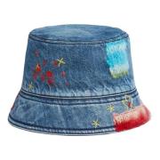 denim bucket hat med mohair patches