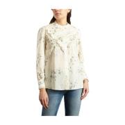 Hvid Blomstret Italiensk Bomuld Ruffle Bluse