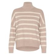 Stribet Turtleneck Pullover - Sandgrå