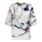 Marmorprint Hvid Satinbluse