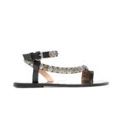 Studded Leather Flat Sandals in Black/Gold