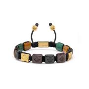 Men`s Ceramic Flatbead Bracelet in Green, Red, Brown Tiger Eye, Green Jade and Gold