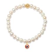 Wristband with White Pearls and Red Evil Eye Charm