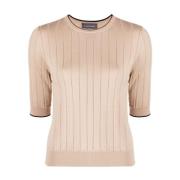 Beige Uld Strik T-shirt med Kort Ærme