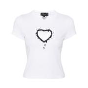 Hvid Hjerte Mesh Pyntet T-shirt