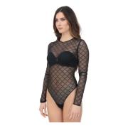 Sort Jacquard Mesh Langærmet Top