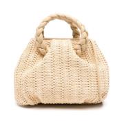 Creme Raffia Taske med Flettede Håndtag