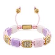 Women's White, Lavender & Soft Pink Ceramic Flatbead Bracelet with Gold CZ