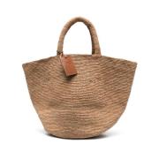 Beige Raffia Tote Taske med Logo