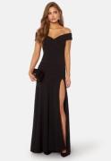 Goddiva Bardot Pleat Maxi Split Dress Black XXL (UK18)