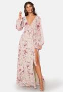 Goddiva Floral Long Sleeve Chiffon Maxi Dress Latte XS (UK8)