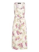 Floral Belted Crepe Sleeveless Dress Knælang Kjole Cream Lauren Ralph Lauren