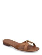 Emmy Burnished Leather Slide Sandal Flade Sandaler Brown Lauren Ralph Lauren