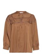 Shirt With Quilt And Latterlace Tops Blouses Long-sleeved Brown Coster Copenhagen