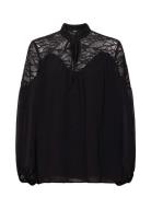 Chiffon Blouse With Lace Tops Blouses Long-sleeved Black Esprit Collection