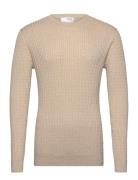 Slhberg Cable Crew Neck Noos Tops Knitwear Round Necks Beige Selected Homme