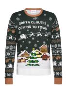 Santa Claus Is Coming To Town Led Tops Knitwear Round Necks Khaki Green Christmas Sweats