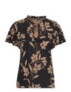 Floral Linen-Blend Jersey Tie-Neck Top Tops T-shirts & Tops Short-sleeved Black Lauren Ralph Lauren