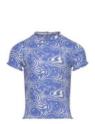 Cropped Printed Rib T-Shirt Tops T-Kortærmet Skjorte Blue Tom Tailor