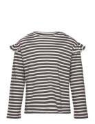 Striped Ruffle Sleeve T-Shirt Tops T-shirts Long-sleeved T-Skjorte Grey Mango
