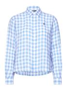 Wide Cropped Gingham Linen Shirt Tops Shirts Long-sleeved Blue Polo Ralph Lauren