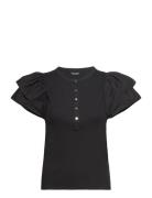 Stretch Cotton Flutter-Sleeve Henley Top Tops Blouses Short-sleeved Black Lauren Ralph Lauren