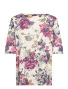Floral Stretch Cotton Boatneck Tee Tops T-shirts & Tops Short-sleeved Cream Lauren Women
