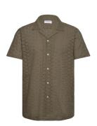 Embroidery Cotton Shirt S/S Tops Shirts Short-sleeved Khaki Green Lindbergh