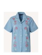 Ajla Embroided Linen Blend Blouse Tops Shirts Short-sleeved Blue Lexington Clothing