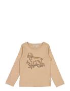 T-Shirt Dog Embroidery Tops T-shirts Long-sleeved T-Skjorte Beige Wheat