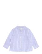 Striped Mandarin-Collar Linen Shirt Tops T-shirts Long-sleeved T-Skjorte Blue Mango