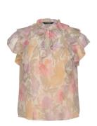 Floral Ruffle-Trim Georgette Blouse Tops Blouses Short-sleeved Pink Lauren Women