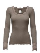 Rwbenita Ls O-Neck Lace T-Shirt Tops T-shirts & Tops Long-sleeved Brown Rosemunde