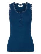 Silk Top W/ Button & Lace Tops T-shirts & Tops Sleeveless Blue Rosemunde