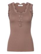 Silk Top W/ Button & Lace Tops T-shirts & Tops Sleeveless Brown Rosemunde