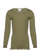 Silk T-Shirt W/ Lace Tops T-shirts Long-sleeved T-Skjorte Green Rosemunde Kids